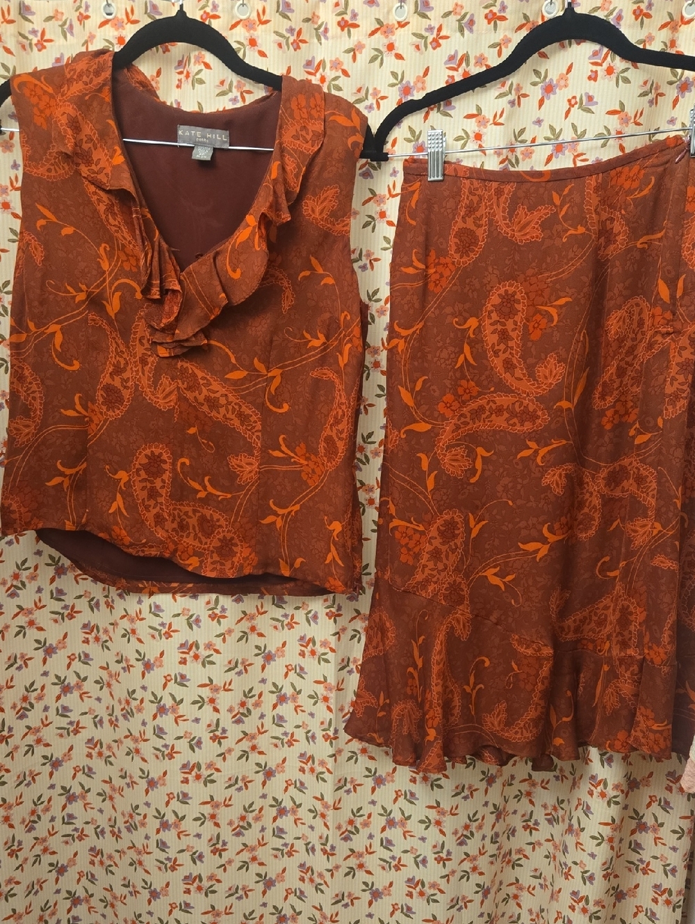 Kate Hill 100% Silk Paisley Skirt Set Petite 6 Rust Burgundy 2 Piece